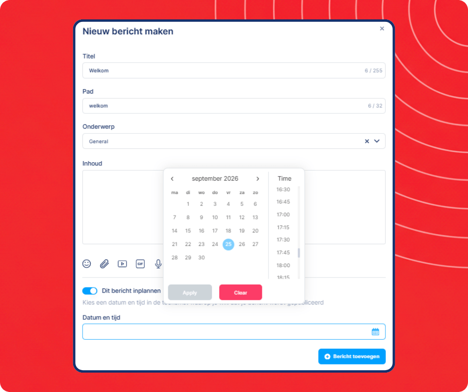 Scheduled community post creation interface in systeme.io showing content editor, topic selection, and date and time scheduling options.