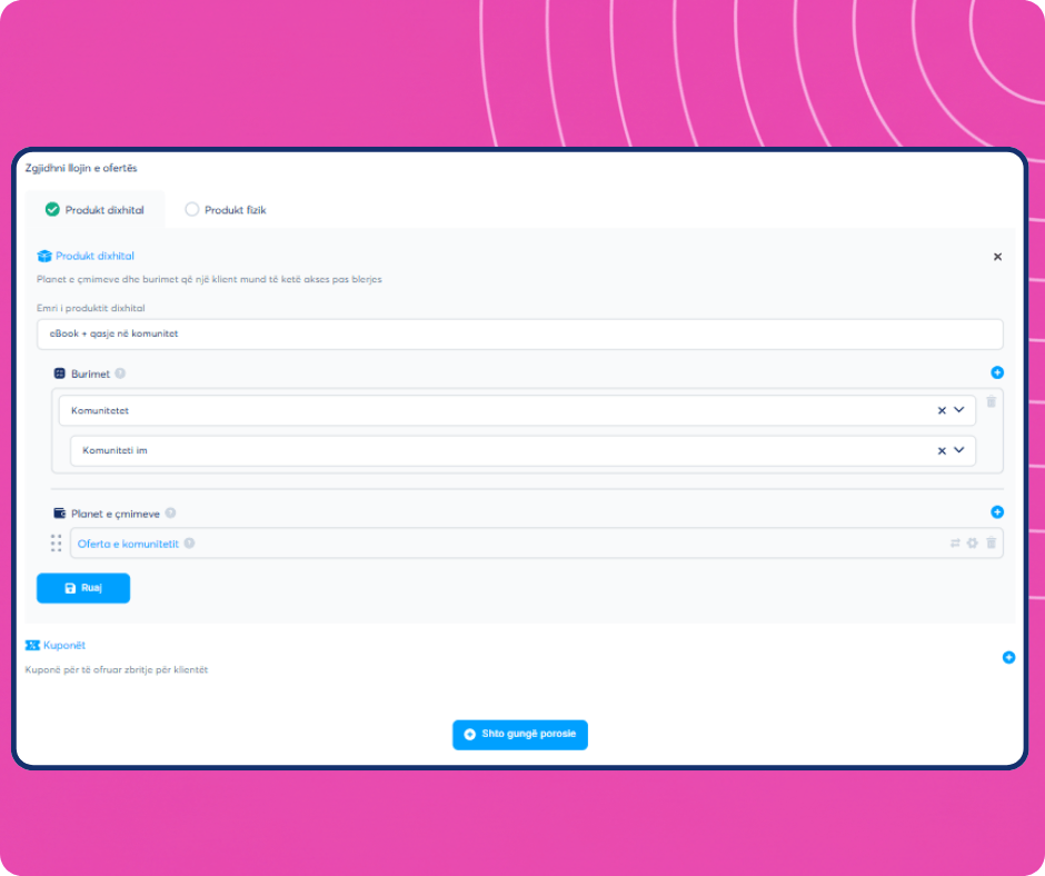 Digital product creation interface in systeme.io showing offer setup with resources, pricing plans, and community access configuration.