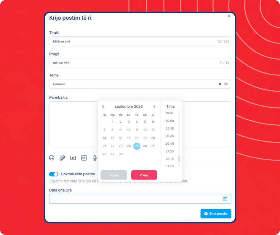 Scheduled community post creation interface in systeme.io showing content editor, topic selection, and date and time scheduling options.