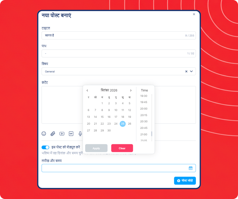 Scheduled community post creation interface in systeme.io showing content editor, topic selection, and date and time scheduling options.