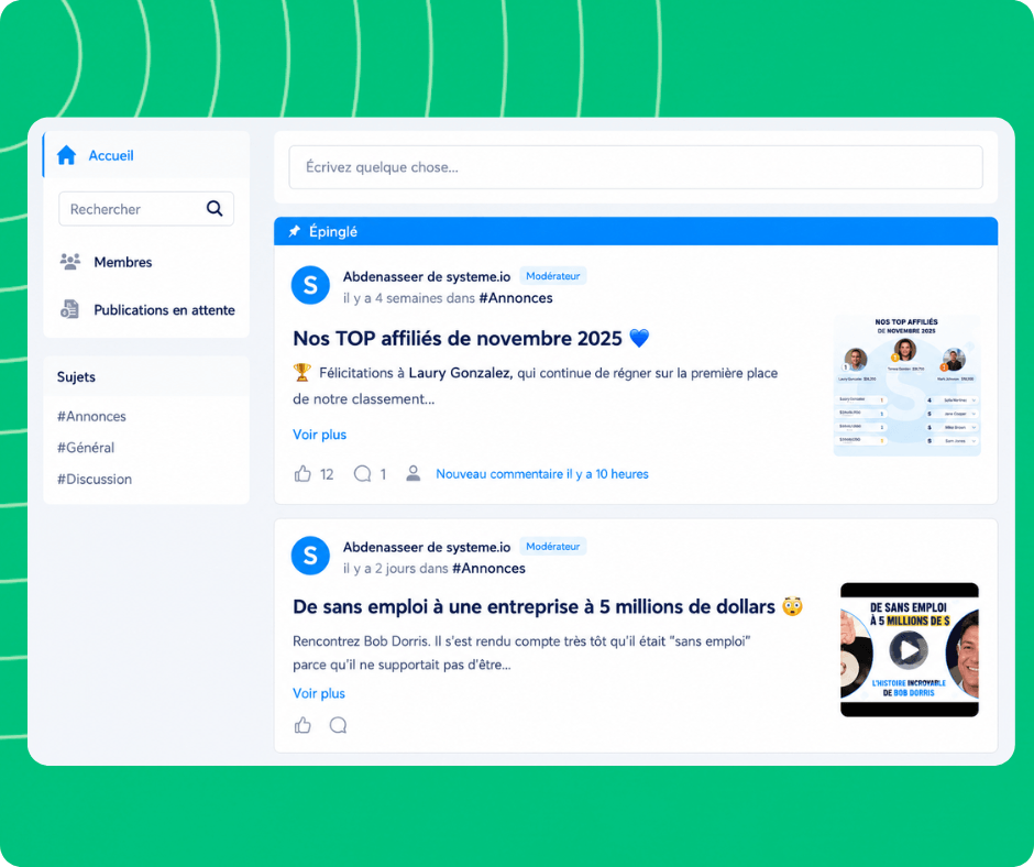 Community feed interface in systeme.io showing posts, announcements, member interactions, and discussion topics.