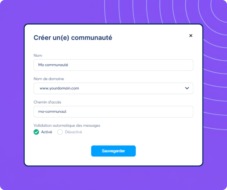 Community creation setup form in systeme.io showing options for name, domain, path, and post approval settings.