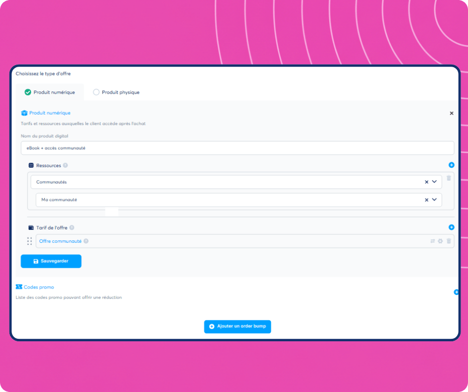 Digital product creation interface in systeme.io showing offer setup with resources, pricing plans, and community access configuration.