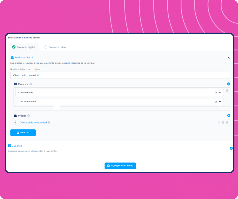 Digital product creation interface in systeme.io showing offer setup with resources, pricing plans, and community access configuration.