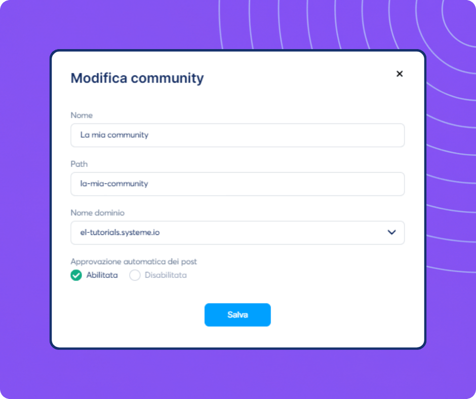 Community creation setup form in systeme.io showing options for name, domain, path, and post approval settings.