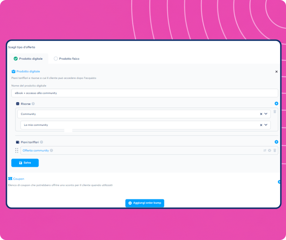 Digital product creation interface in systeme.io showing offer setup with resources, pricing plans, and community access configuration.