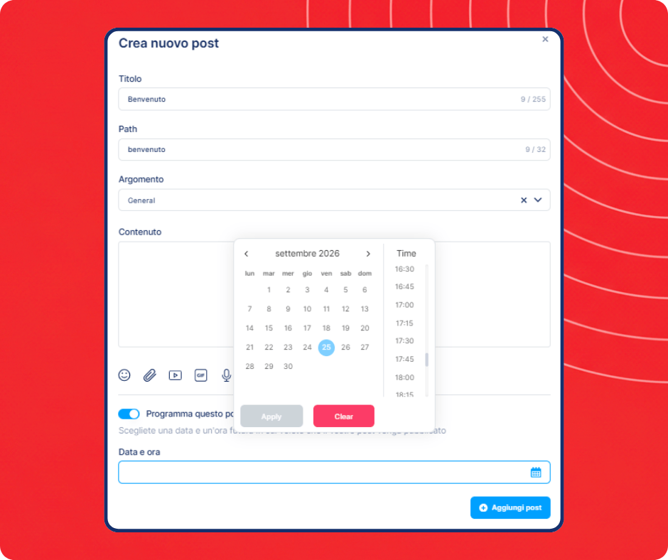 Scheduled community post creation interface in systeme.io showing content editor, topic selection, and date and time scheduling options.