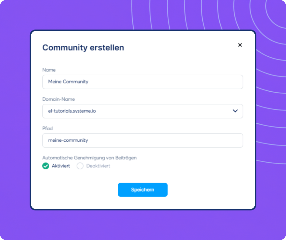 Community creation setup form in systeme.io showing options for name, domain, path, and post approval settings.