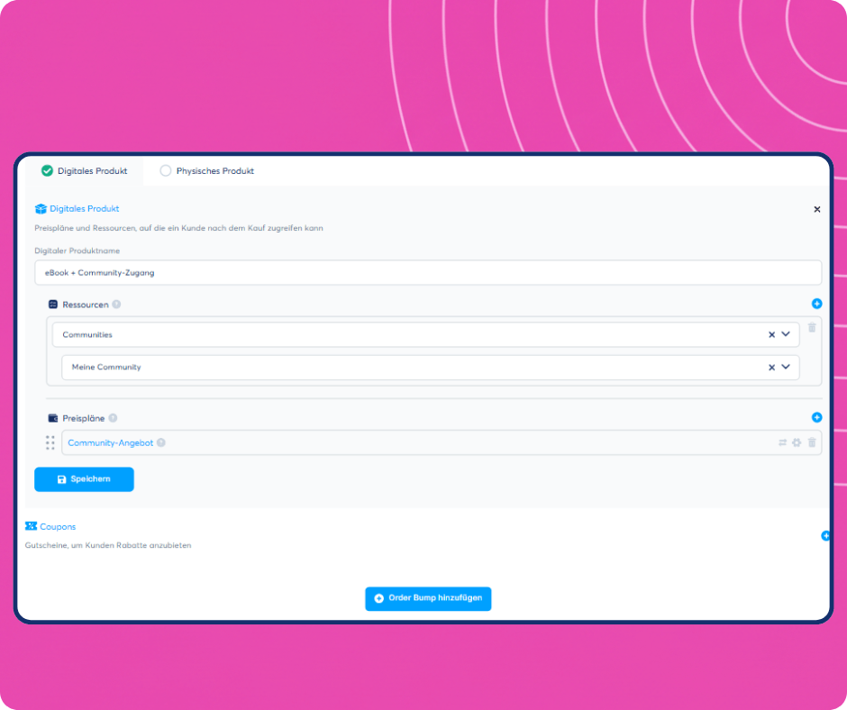 Digital product creation interface in systeme.io showing offer setup with resources, pricing plans, and community access configuration.