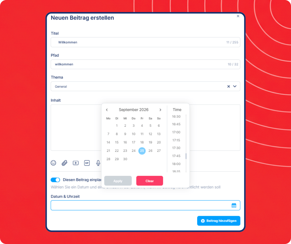 Scheduled community post creation interface in systeme.io showing content editor, topic selection, and date and time scheduling options.