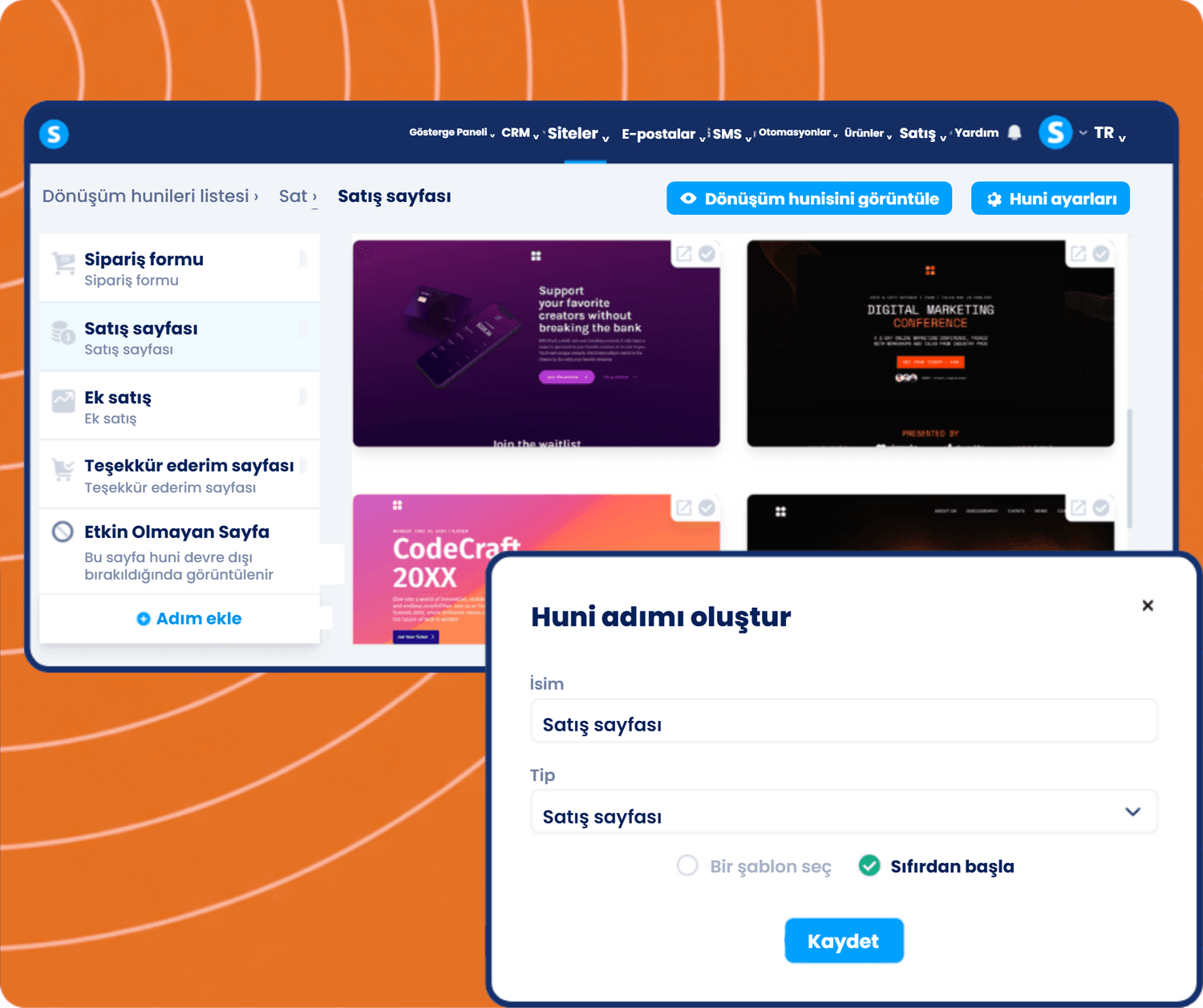systeme.io funnel builder showing sales funnel steps, page templates, and creating a new sales page step for conversion optimization