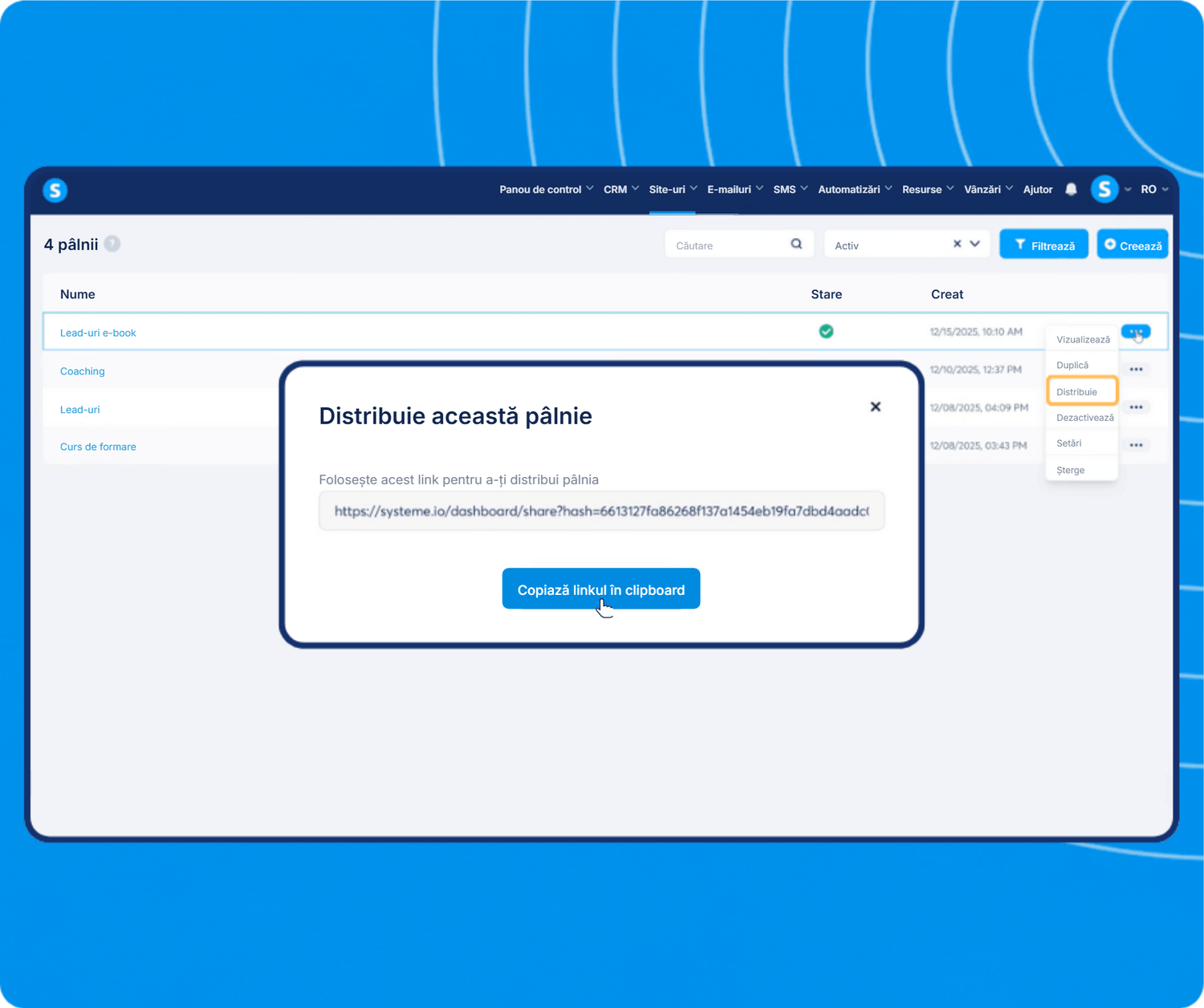 systeme.io funnel dashboard showing funnel list management and share feature with link generation for easy distribution