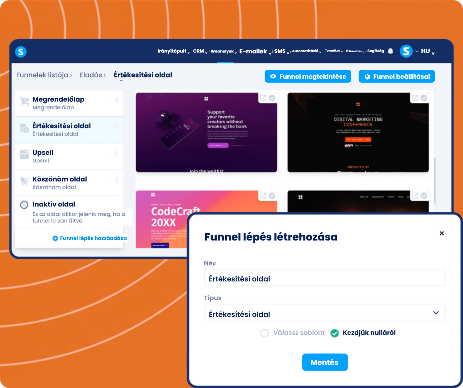 systeme.io funnel builder showing sales funnel steps, page templates, and creating a new sales page step for conversion optimization