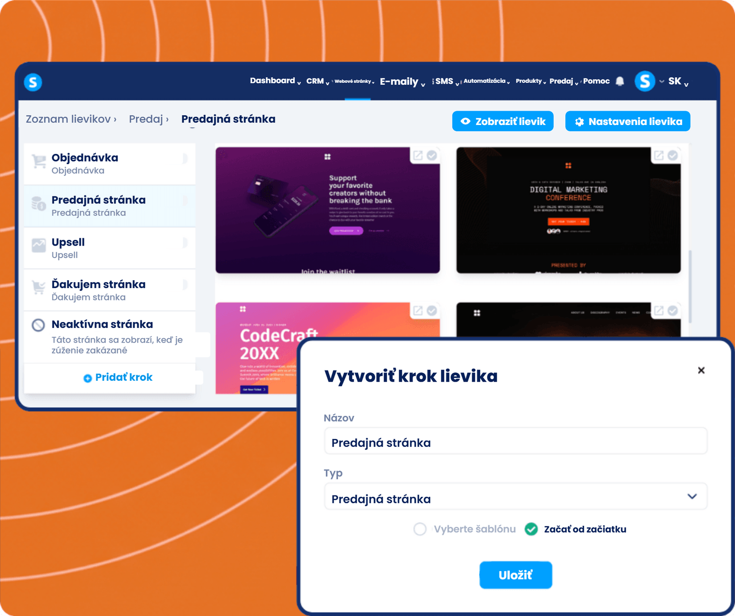 systeme.io funnel builder showing sales funnel steps, page templates, and creating a new sales page step for conversion optimization