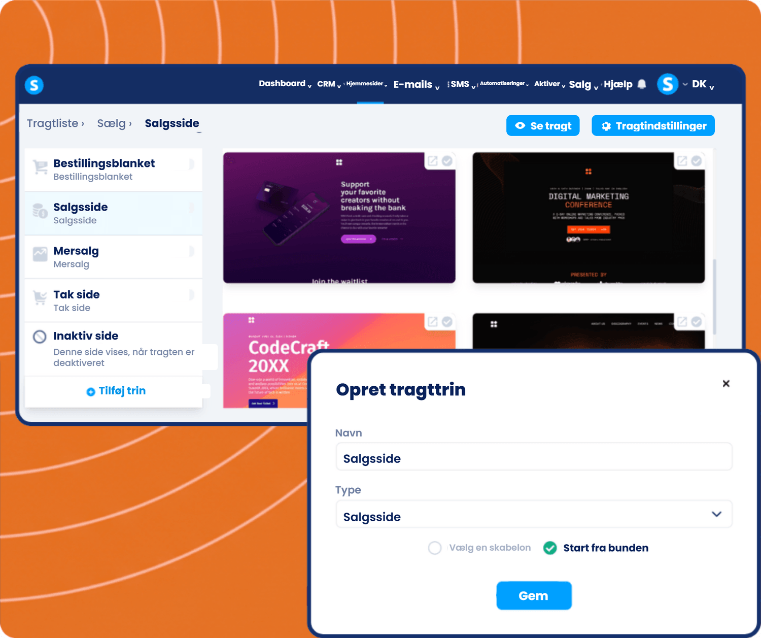 systeme.io funnel builder showing sales funnel steps, page templates, and creating a new sales page step for conversion optimization