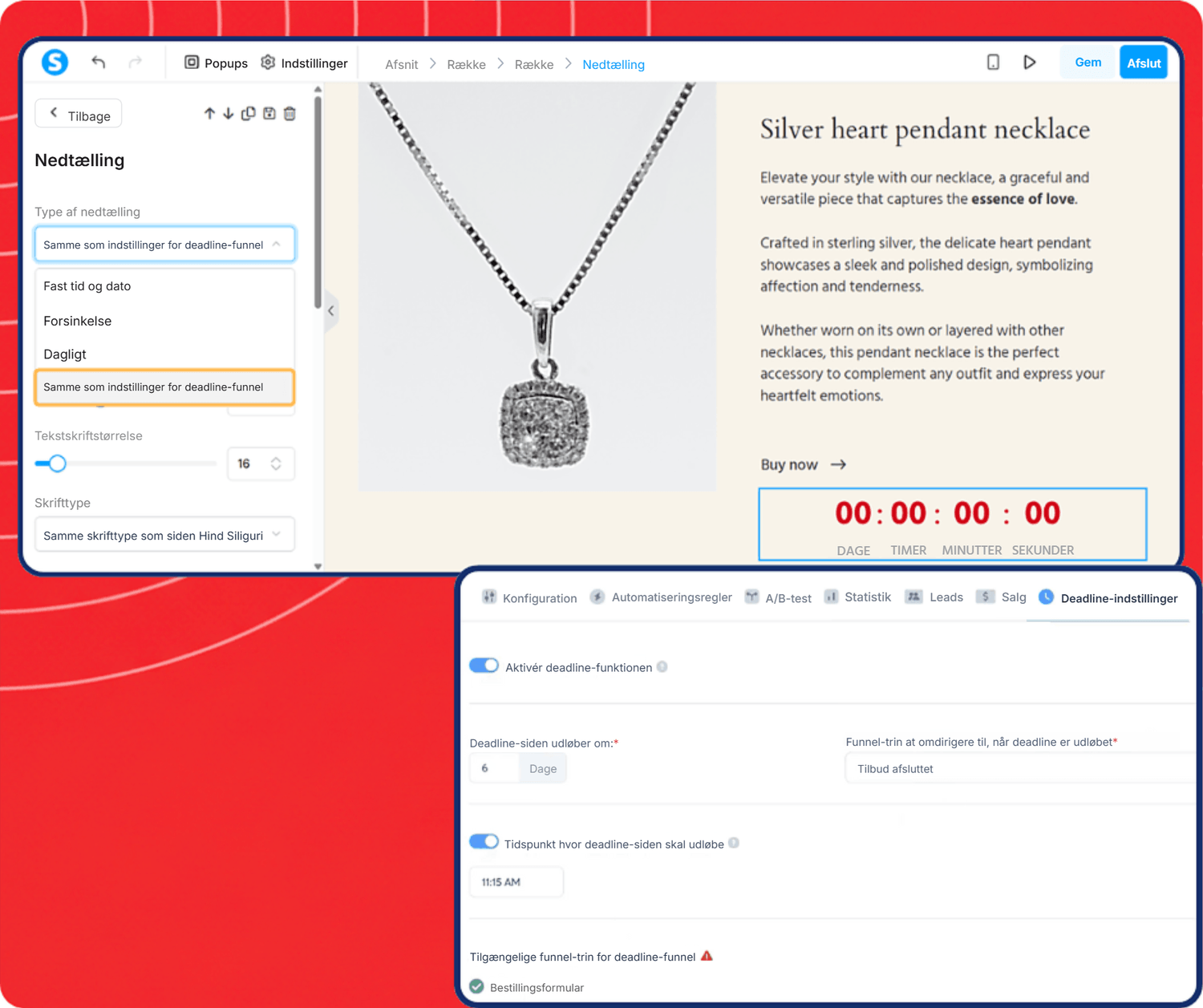 systeme.io funnel builder showing countdown timer settings and deadline configuration for limited-time offers and sales pages