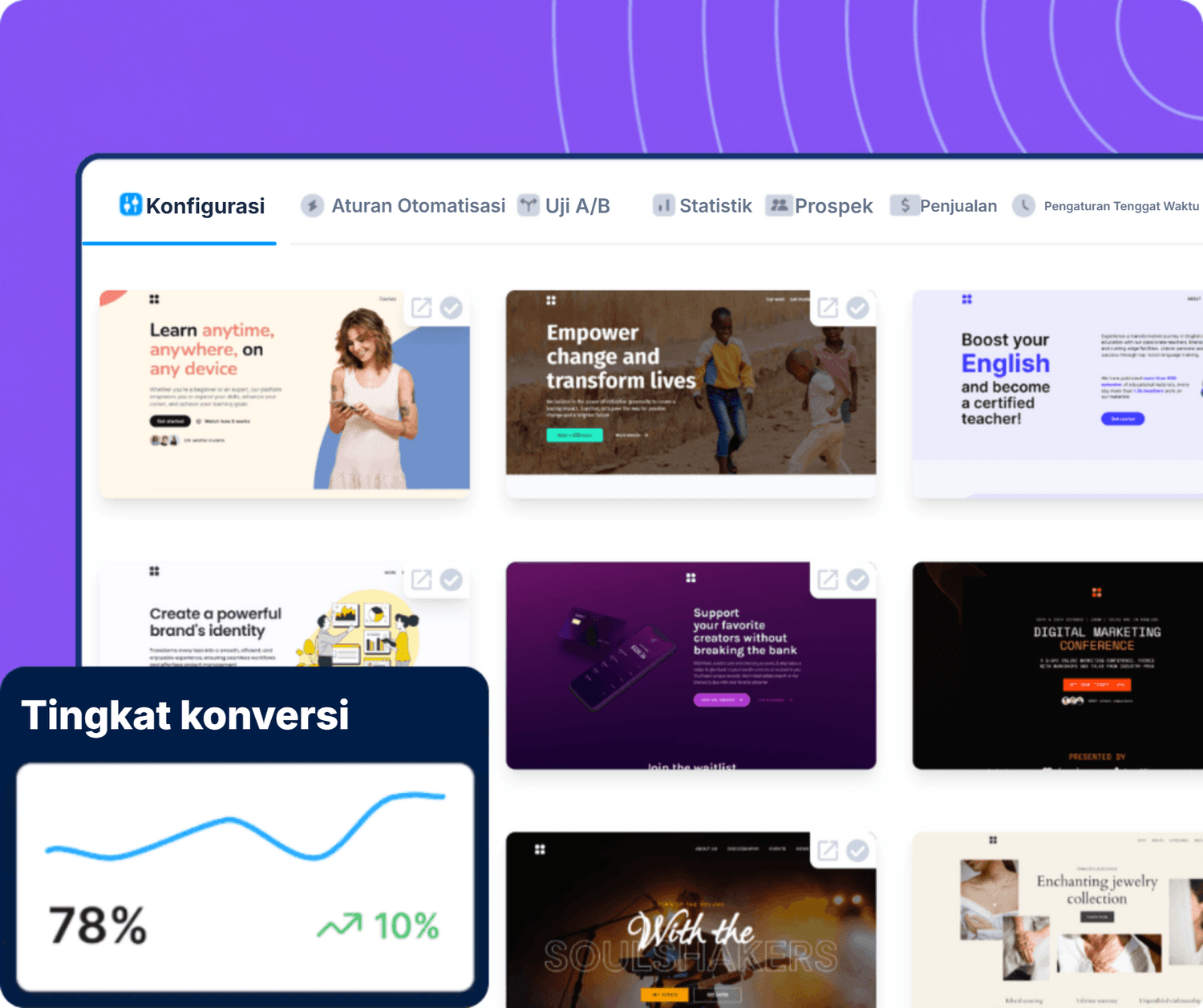 systeme.io funnel builder showing template selection, A/B testing, and conversion rate optimization with performance analytics