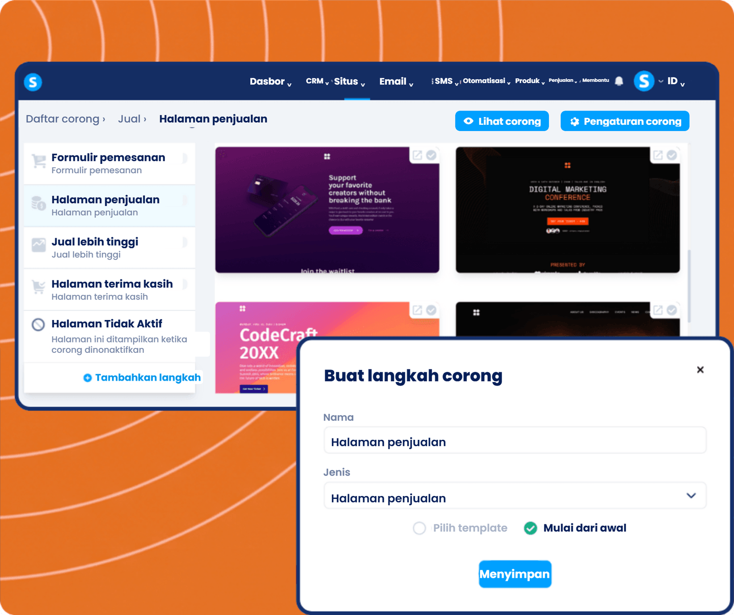systeme.io funnel builder showing sales funnel steps, page templates, and creating a new sales page step for conversion optimization