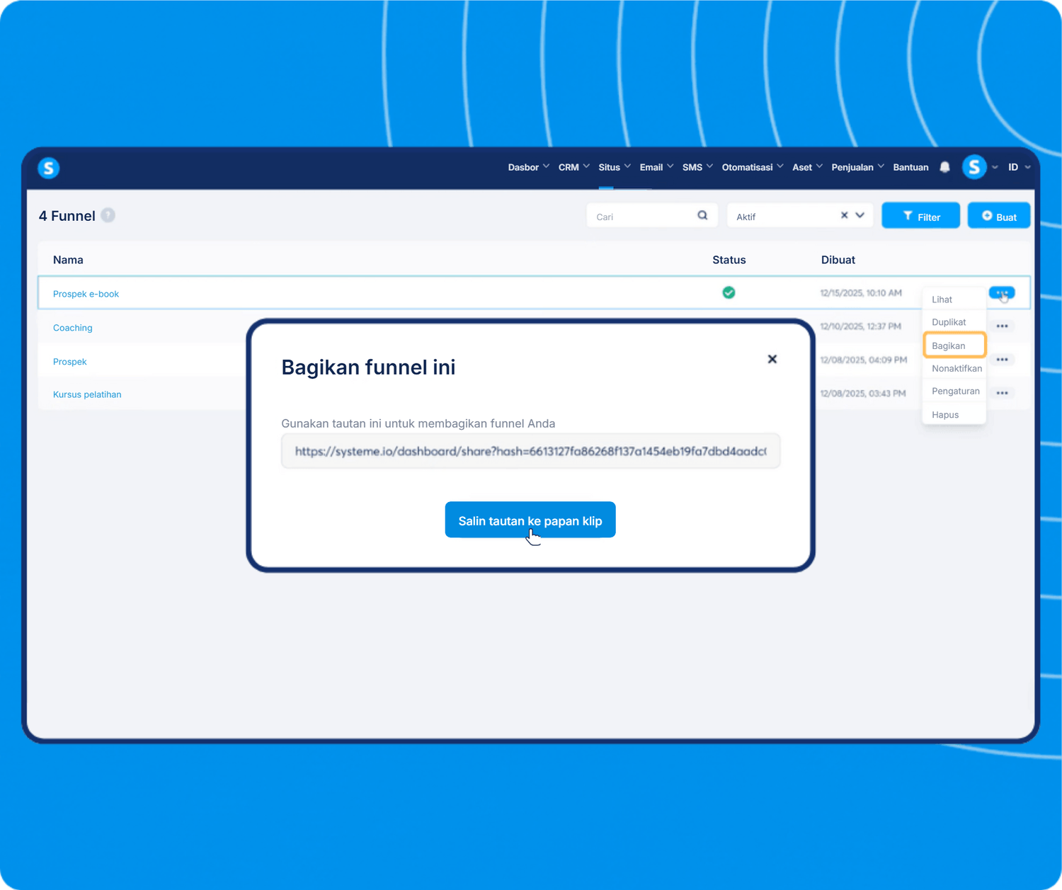 systeme.io funnel dashboard showing funnel list management and share feature with link generation for easy distribution