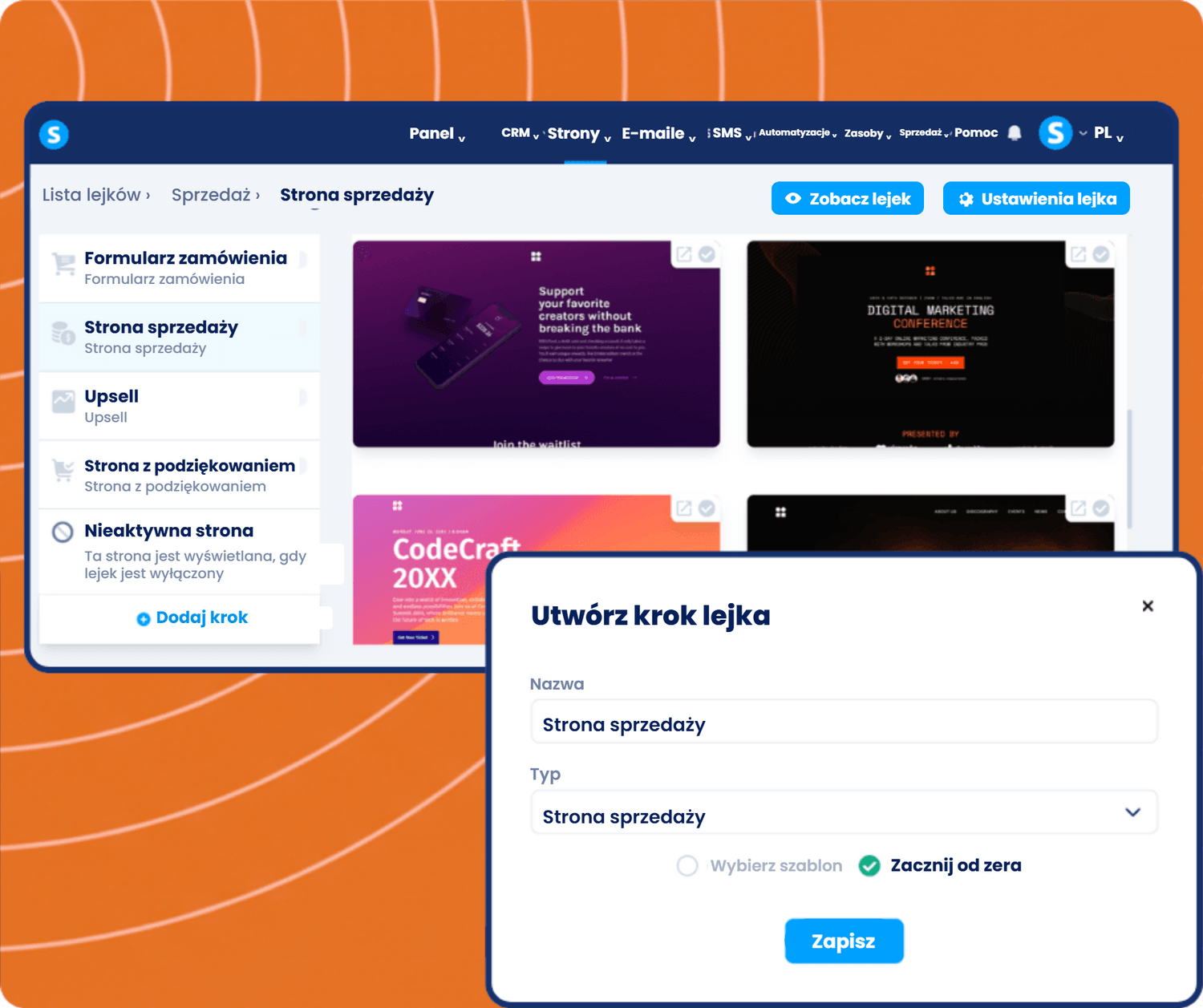 systeme.io funnel builder showing sales funnel steps, page templates, and creating a new sales page step for conversion optimization