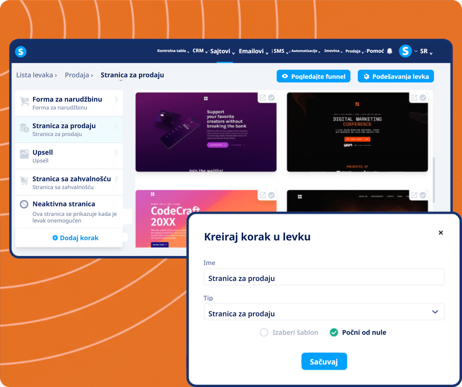 systeme.io funnel builder showing sales funnel steps, page templates, and creating a new sales page step for conversion optimization