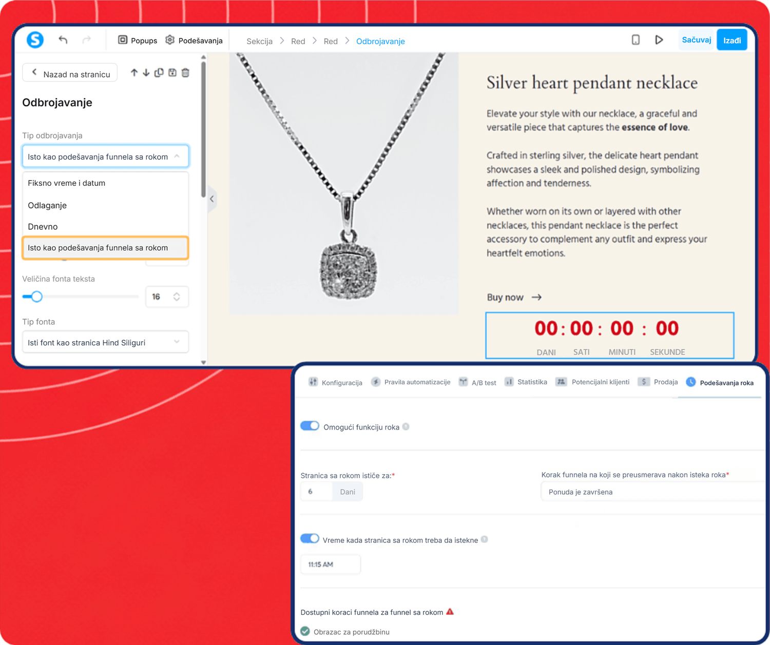systeme.io funnel builder showing countdown timer settings and deadline configuration for limited-time offers and sales pages