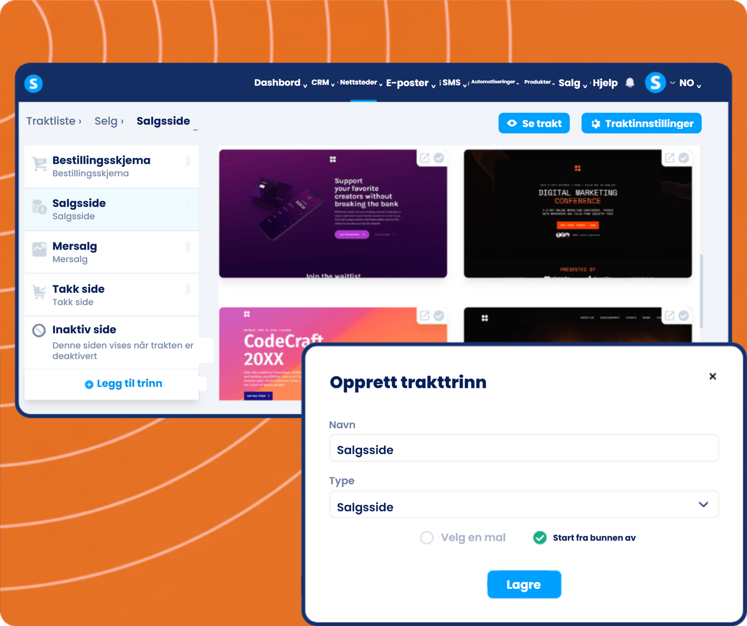 systeme.io funnel builder showing sales funnel steps, page templates, and creating a new sales page step for conversion optimization