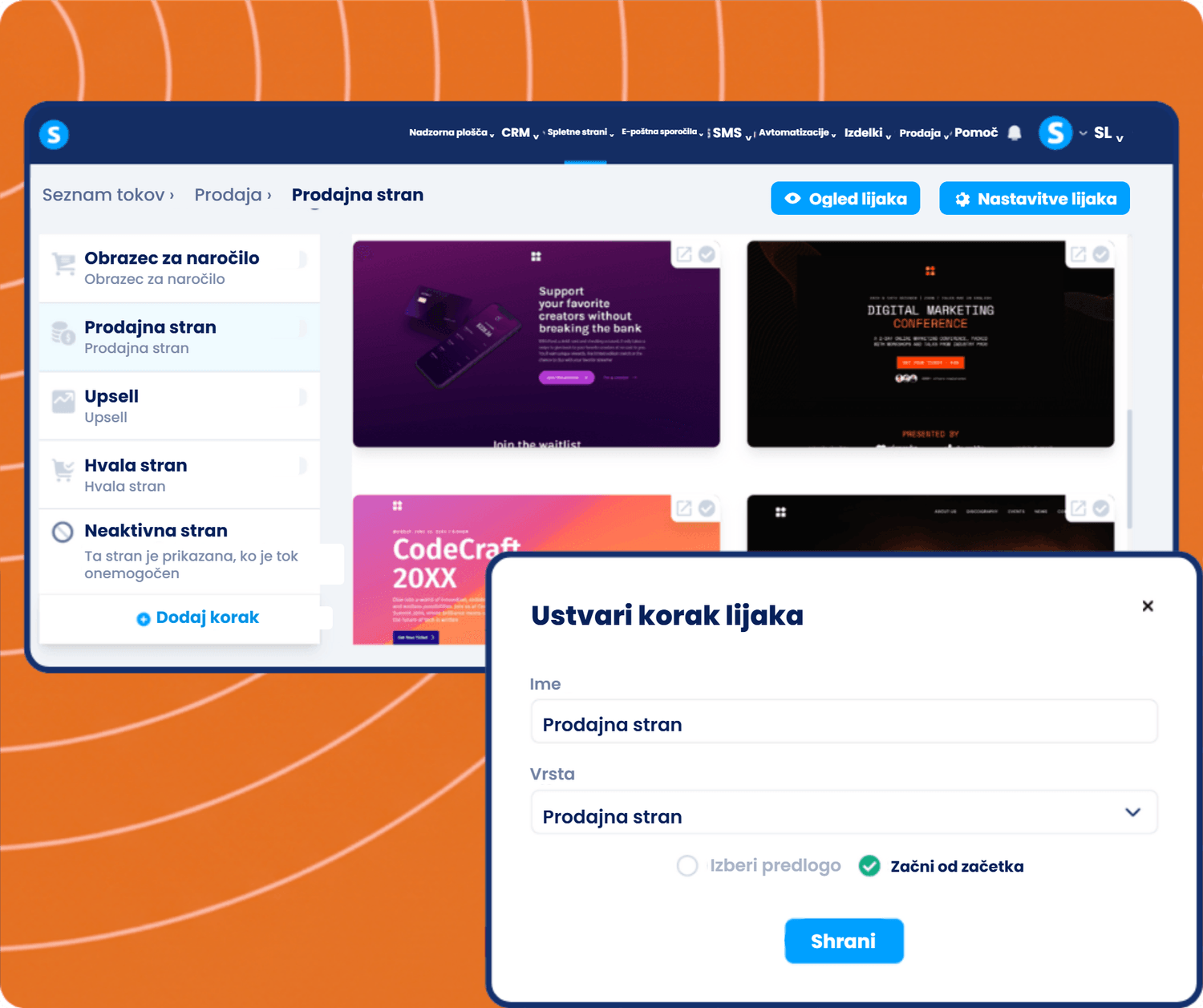 systeme.io funnel builder showing sales funnel steps, page templates, and creating a new sales page step for conversion optimization