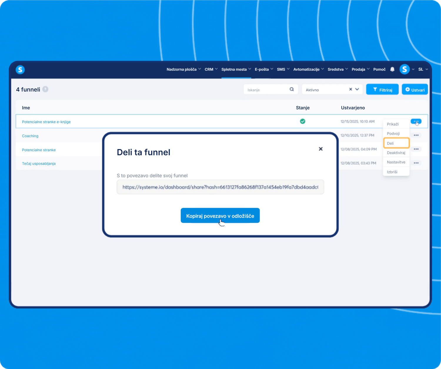systeme.io funnel dashboard showing funnel list management and share feature with link generation for easy distribution