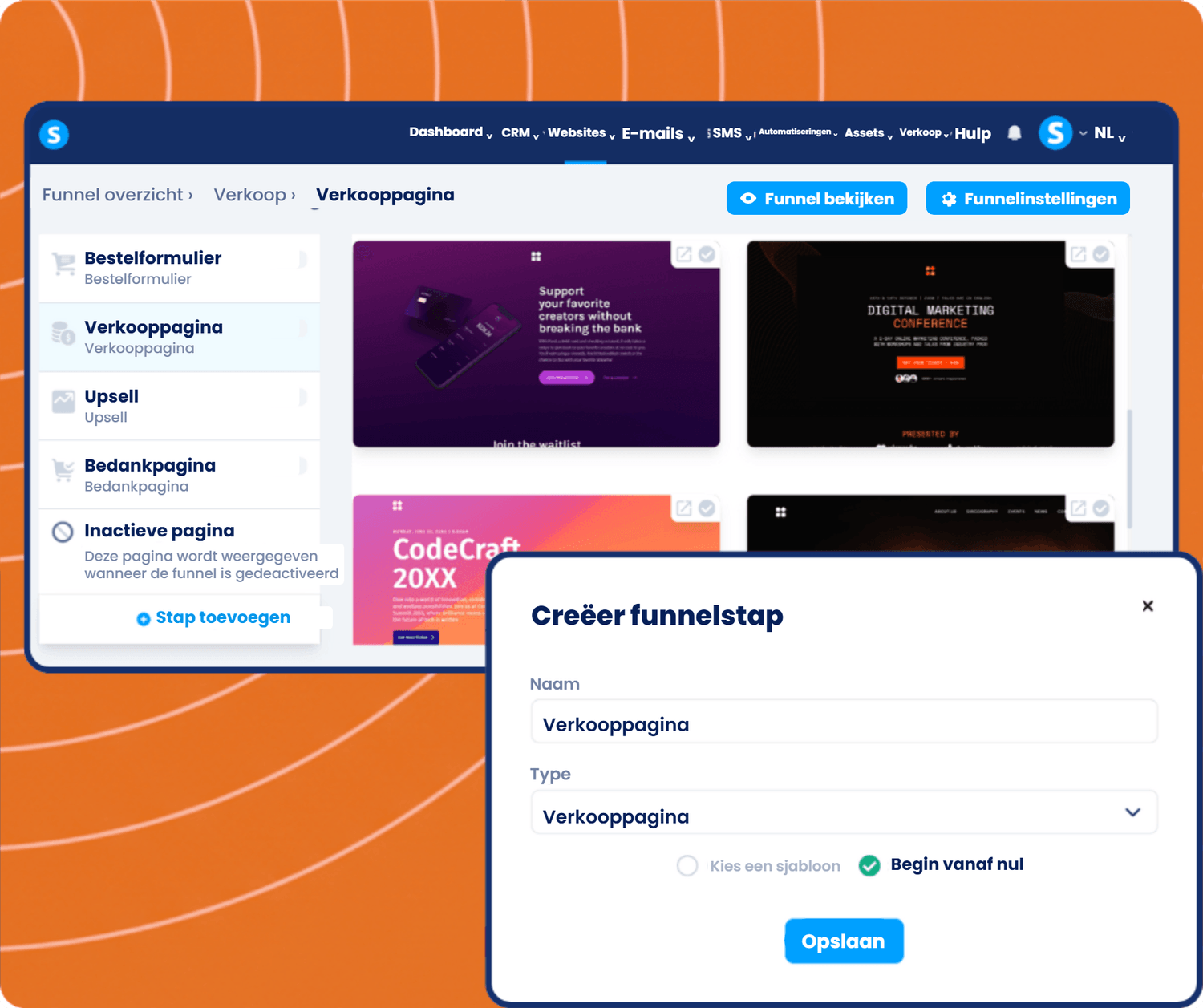 systeme.io funnel builder showing sales funnel steps, page templates, and creating a new sales page step for conversion optimization