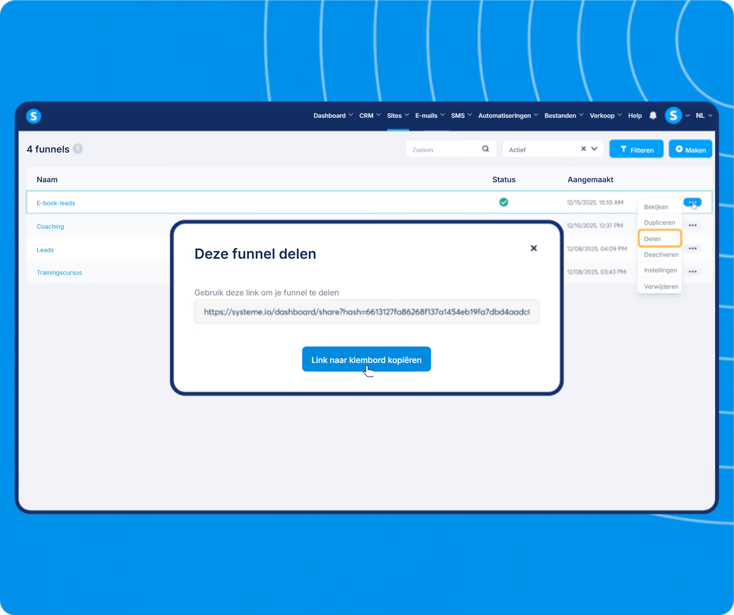 systeme.io funnel dashboard showing funnel list management and share feature with link generation for easy distribution