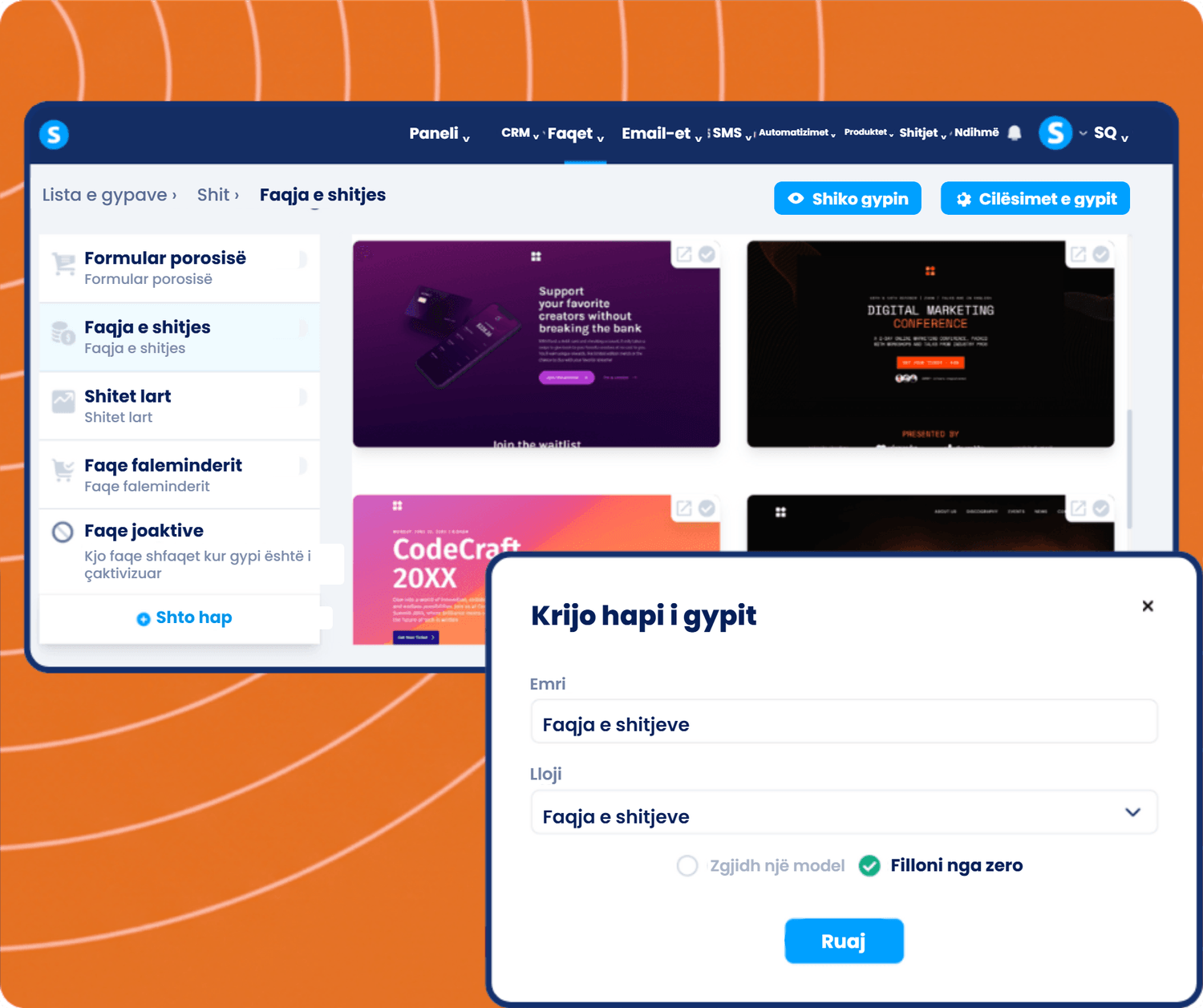 systeme.io funnel builder showing sales funnel steps, page templates, and creating a new sales page step for conversion optimization