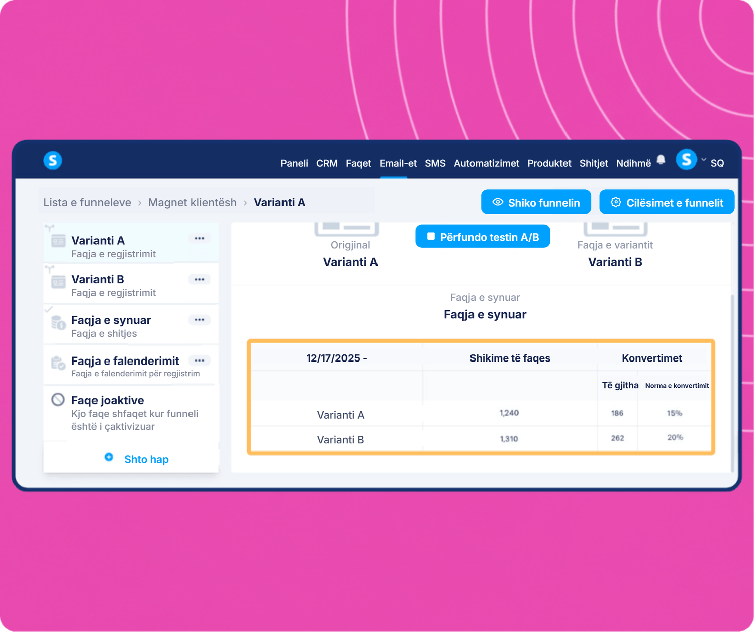 systeme.io A/B testing dashboard showing funnel variants comparison with page views, conversions, and conversion rate analytics