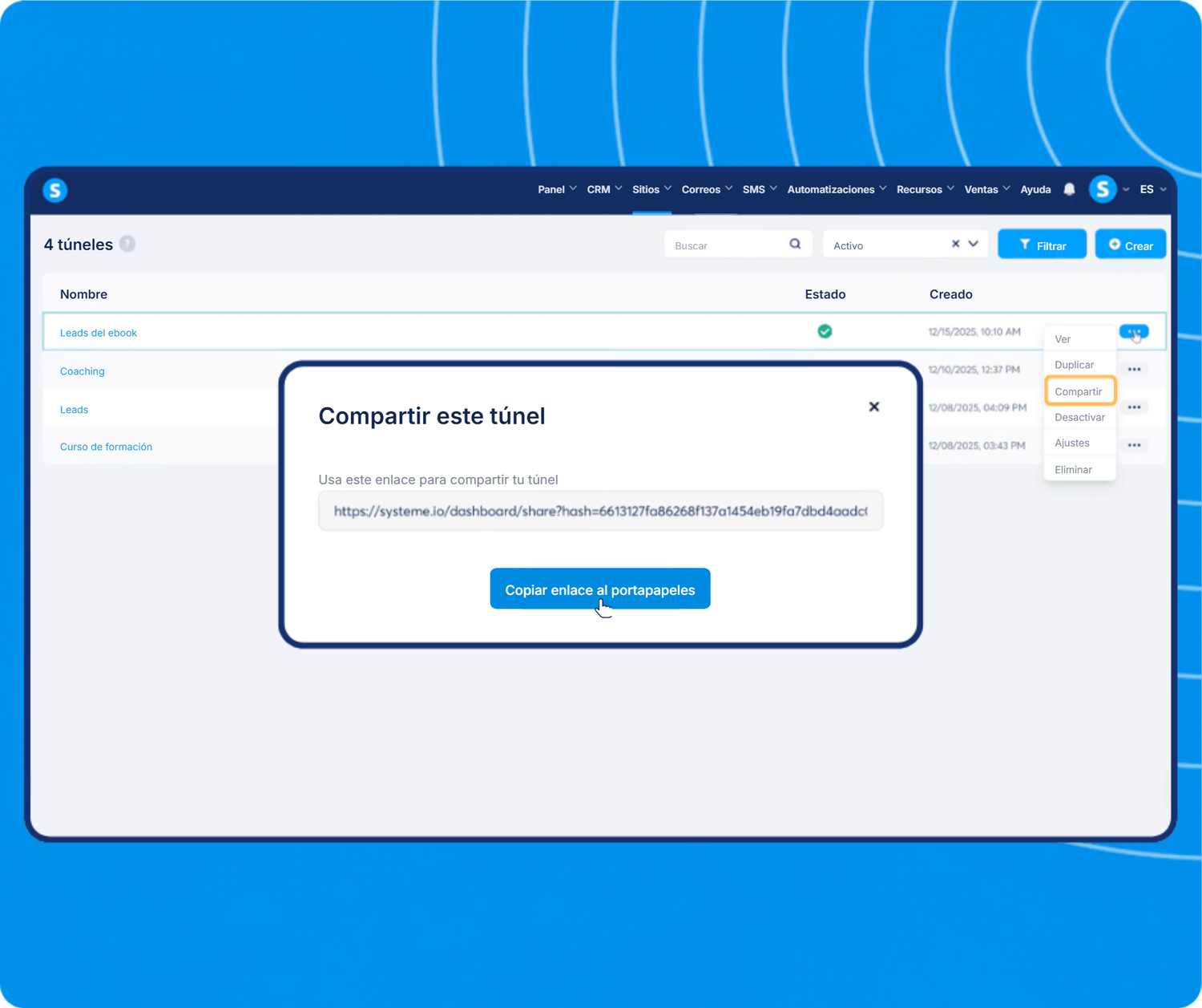 systeme.io funnel dashboard showing funnel list management and share feature with link generation for easy distribution