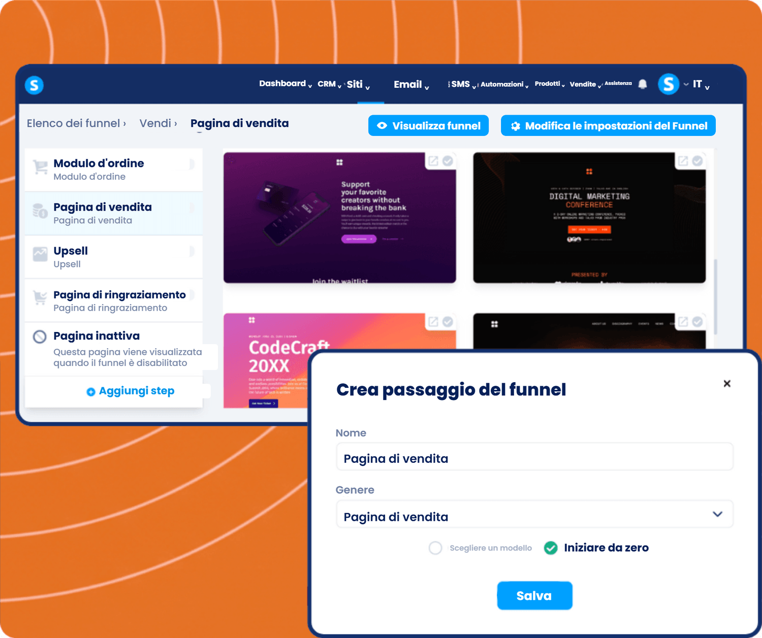 systeme.io funnel builder showing sales funnel steps, page templates, and creating a new sales page step for conversion optimization