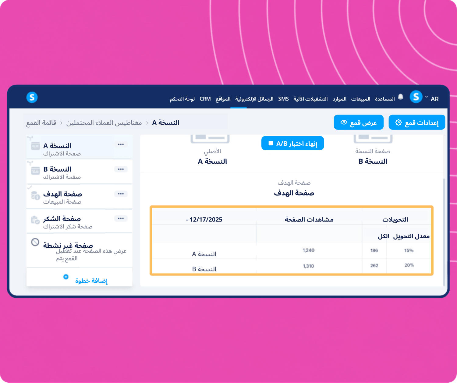 systeme.io A/B testing dashboard showing funnel variants comparison with page views, conversions, and conversion rate analytics