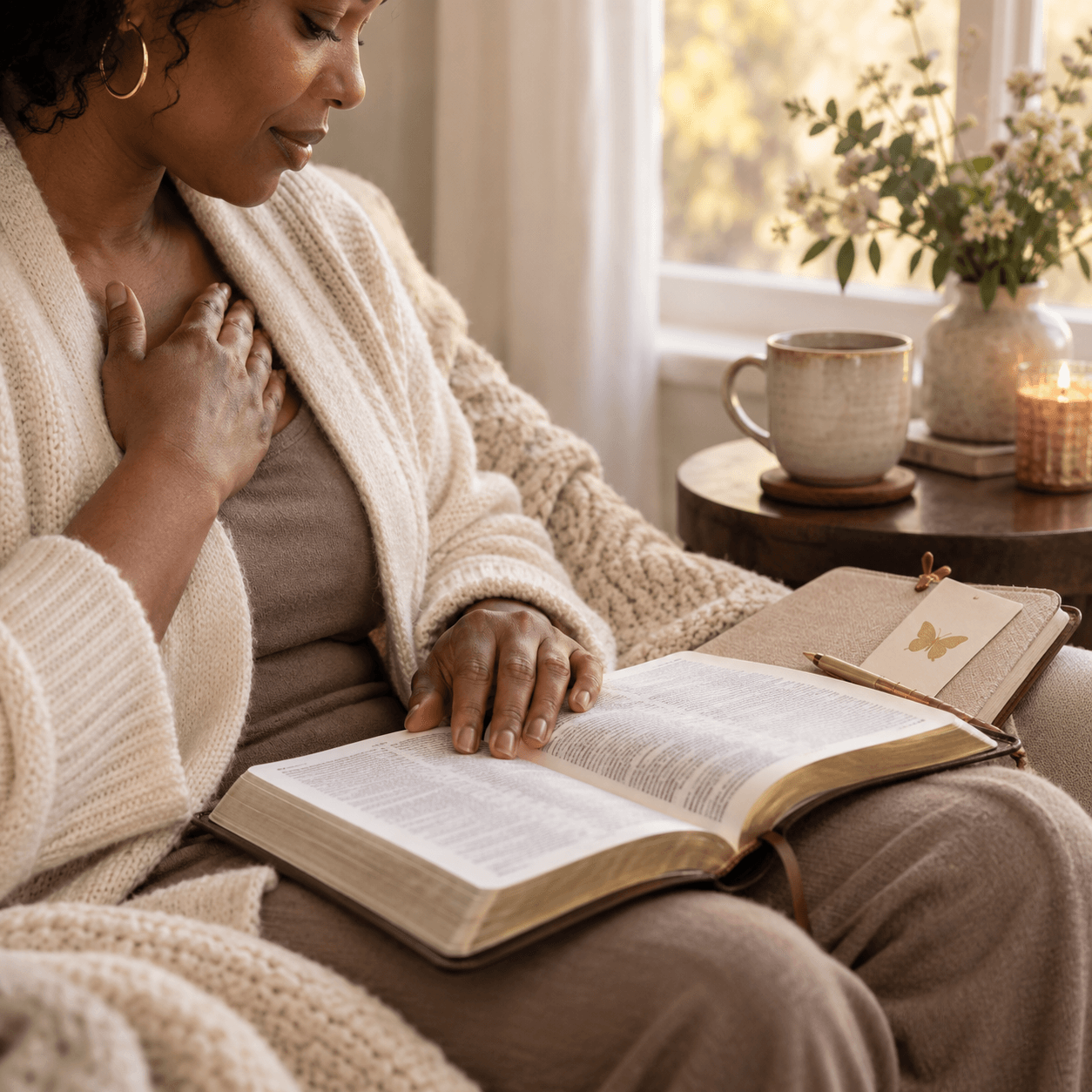 A woman receiving God’s truth with peace and hope