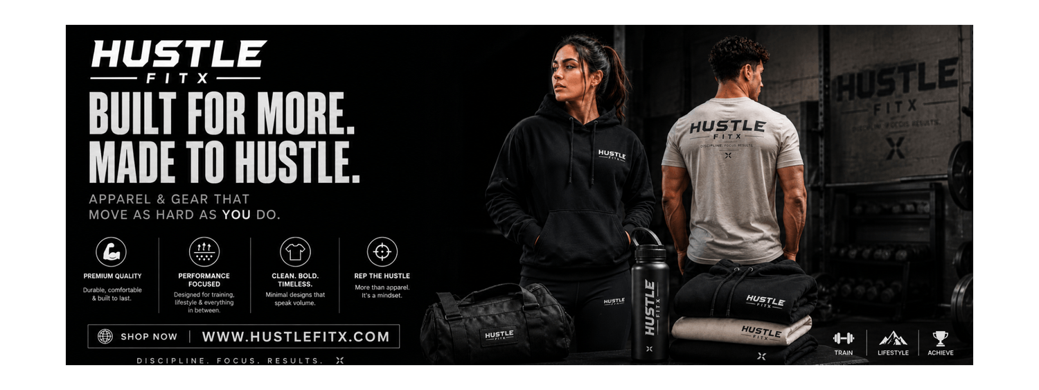 HustleFitX merch store featuring fitness apparel, gym accessories, supplements, and motivational active lifestyle products for men and women.