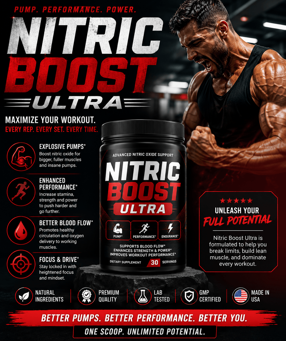 Nitric Boost Ultra supplement supports circulation, energy, endurance, workout performance, and active lifestyle wellness goals for men