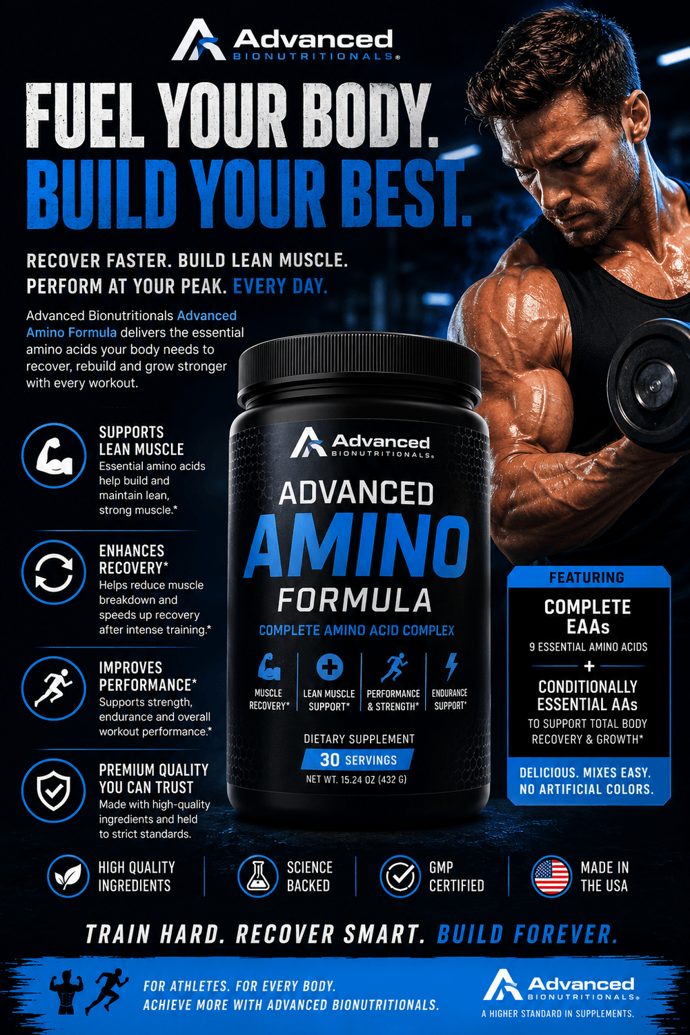 Advanced Amino supplement by Advanced Bionutritionals supports muscle recovery, energy, strength, and active lifestyle wellness goals.
