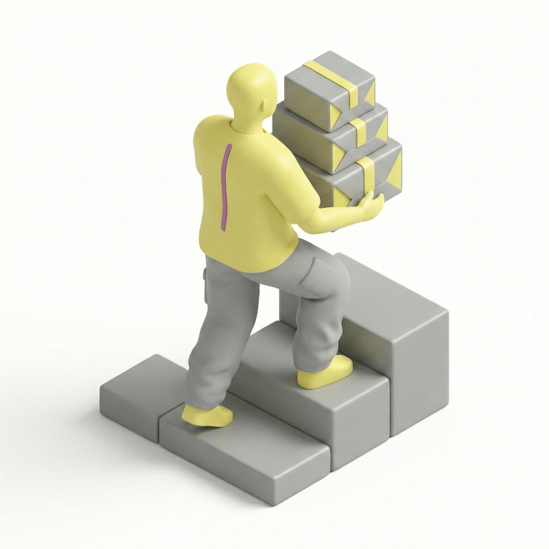 3D isometric icon for FBRM Functional Fitness, depicting a stylized human figure carrying heavy packages up a flight of stairs, symbolizing real-world strength and daily movement.
