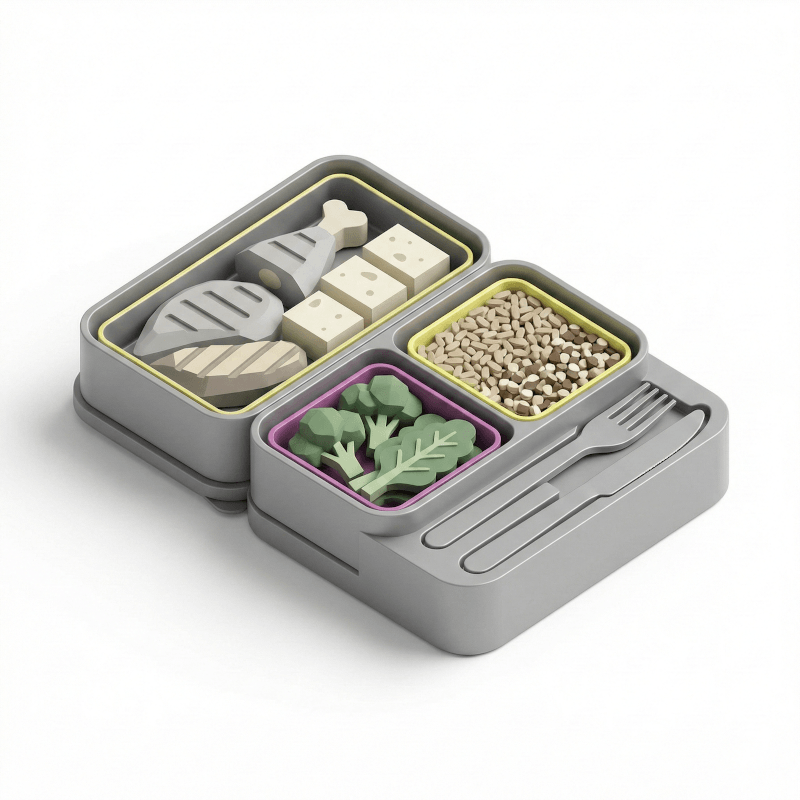 3D isometric icon for FBRM Practical Nutrition, featuring a modular grey meal prep container with organized compartments for protein, grains, and vegetables, alongside integrated cutlery to represent balanced utility.