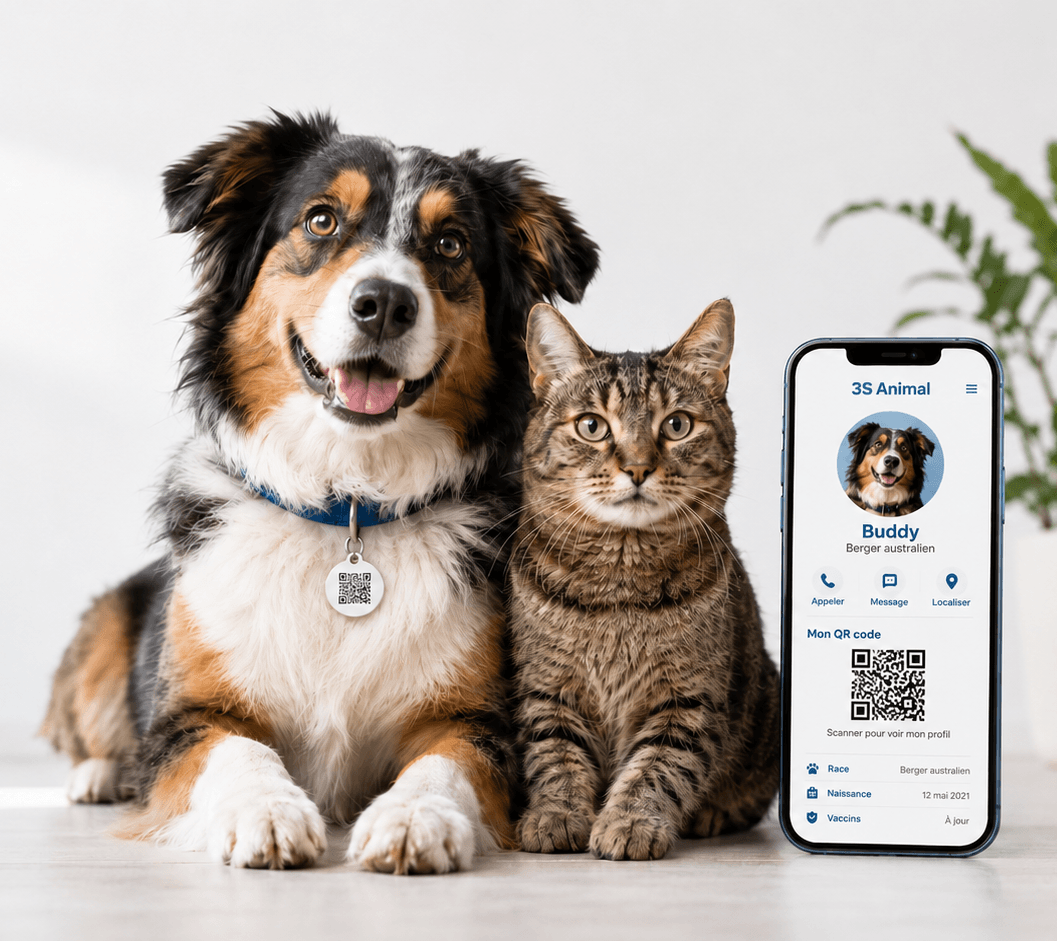 Chien et chat avec médaille QR code et profil 3S Animal affiché sur smartphone