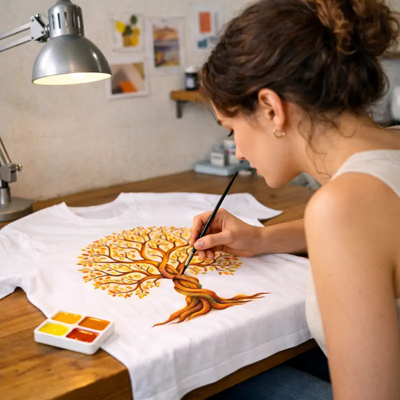 A woman sits at a desk, painting a detailed tree of life with yellow and orange leaves on a white T-shirt, with watercolor paints and brushes nearby.
