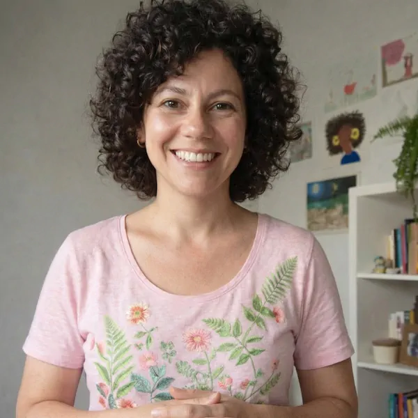 A woman with curly hair smiling wearing a hand painted t-shirt that she painted herself