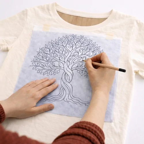 A person traces a tree design onto a white t-shirt using a pencil and a sheet of paper.