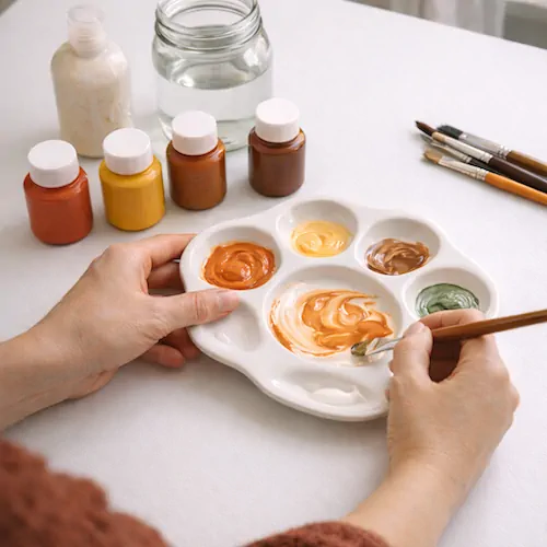 A person mixes paint with a brush on a palette, with bottles of paint, a jar of water, and several paintbrushes on a white table.