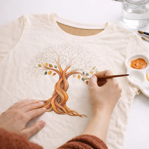 A person paints a tree with intertwined roots and branches on a white T-shirt using a small brush and a palette of earthy colors.