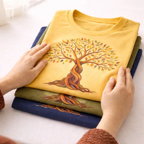 Hands neatly fold a stack of three t-shirts, with the top yellow shirt featuring a colorful tree design.