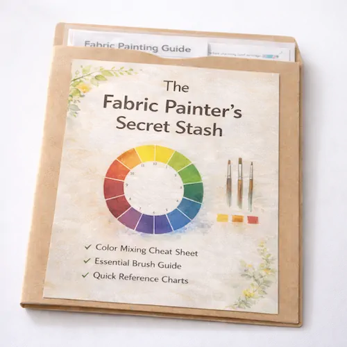A folder labeled "The Fabric Painter's Secret Stash" featuring a color wheel, paintbrushes, and checklist for cheat sheets, brush guide, and reference charts.